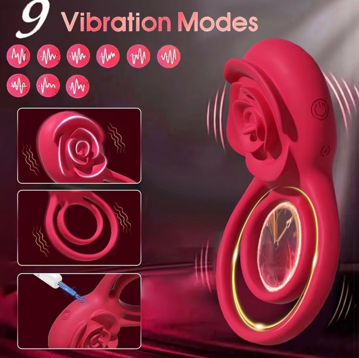 Anillo Vibrador Dual con Estimulador de Rosa
